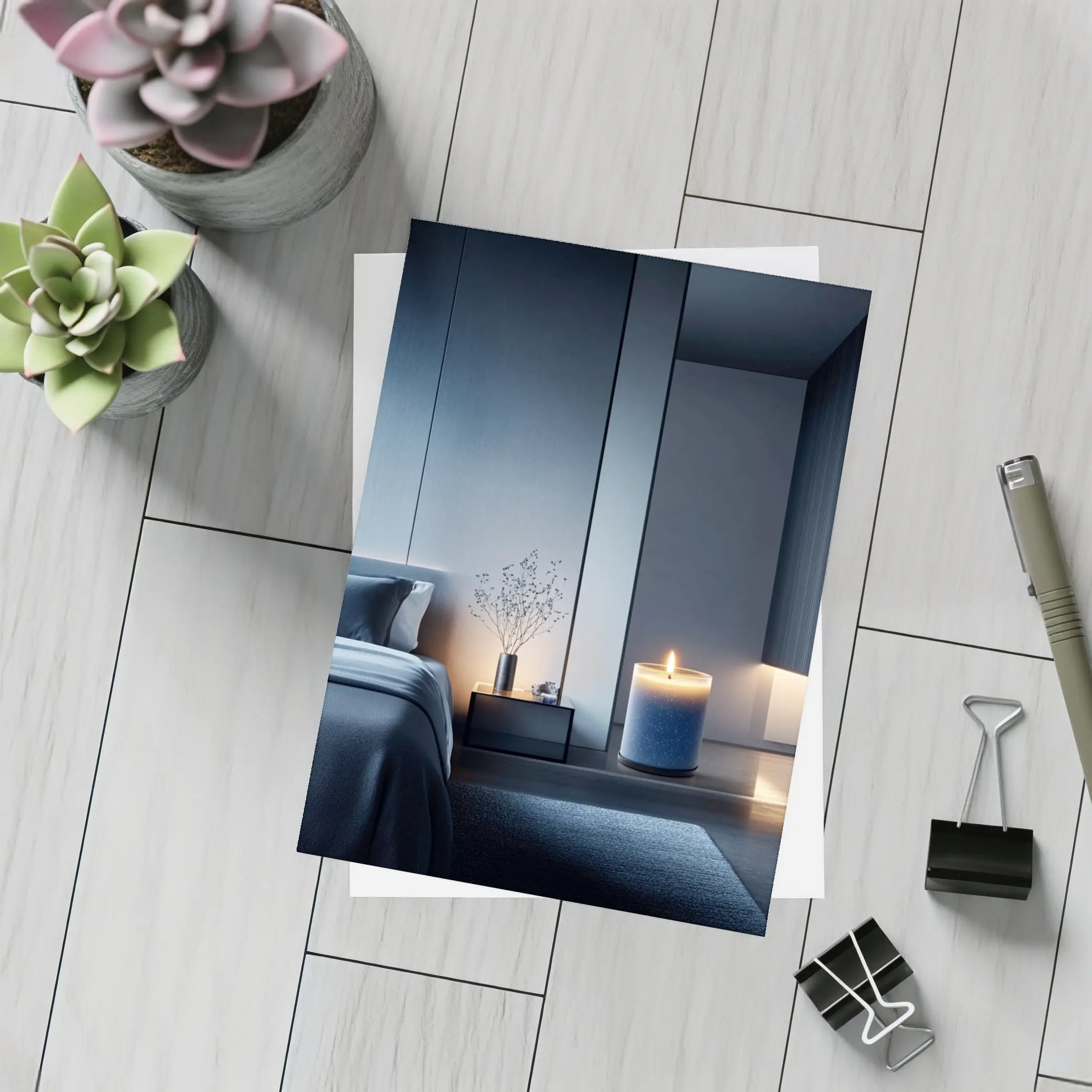 Blue Candle Glowing in Dark Modern Bedroom – Postcards