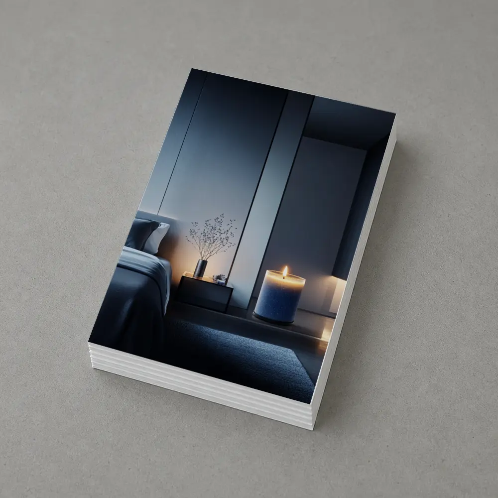 Blue Candle Glowing in Dark Modern Bedroom – Postcards