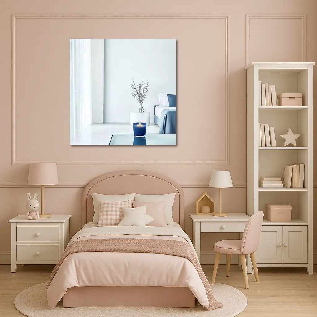 Blue Candle Glowing in Minimalist White Room – Wall Art