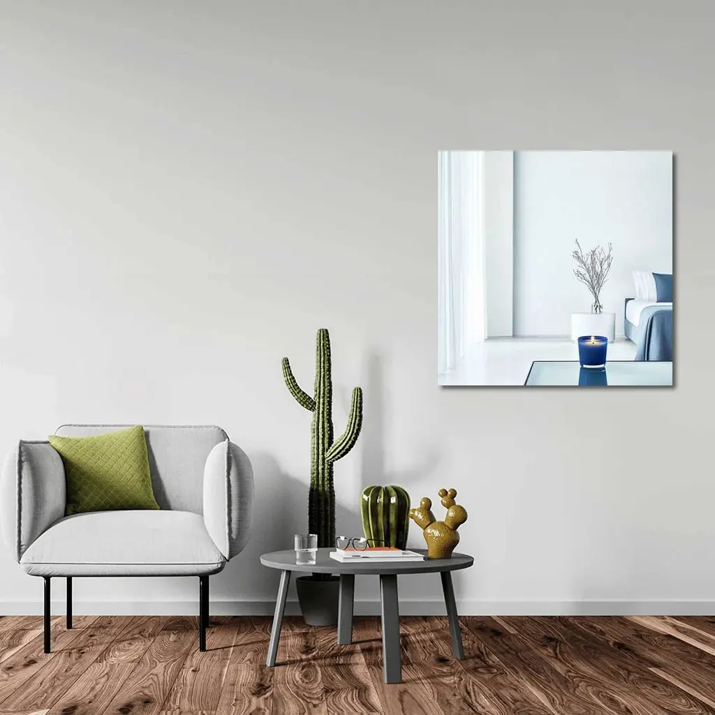 Blue Candle Glowing in Minimalist White Room – Wall Art
