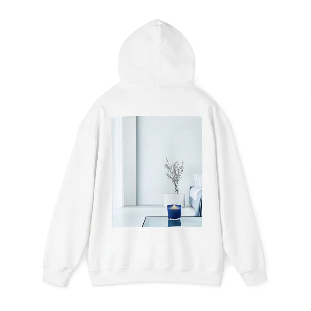 Blue Candle Glowing in Minimalist White Room – Hoodies