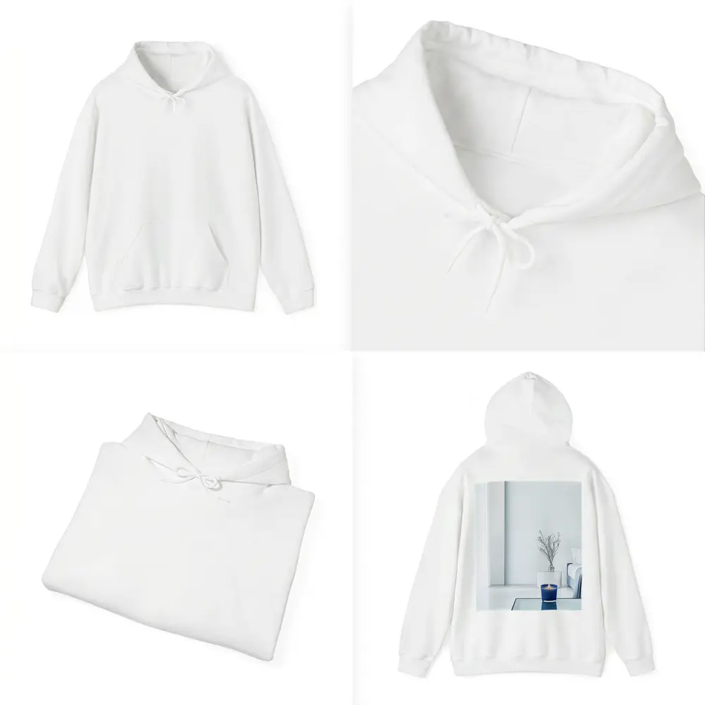 Blue Candle Glowing in Minimalist White Room – Hoodies