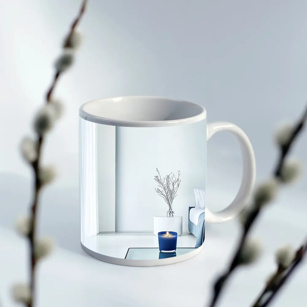 Blue Candle Glowing in Minimalist White Room – Mugs