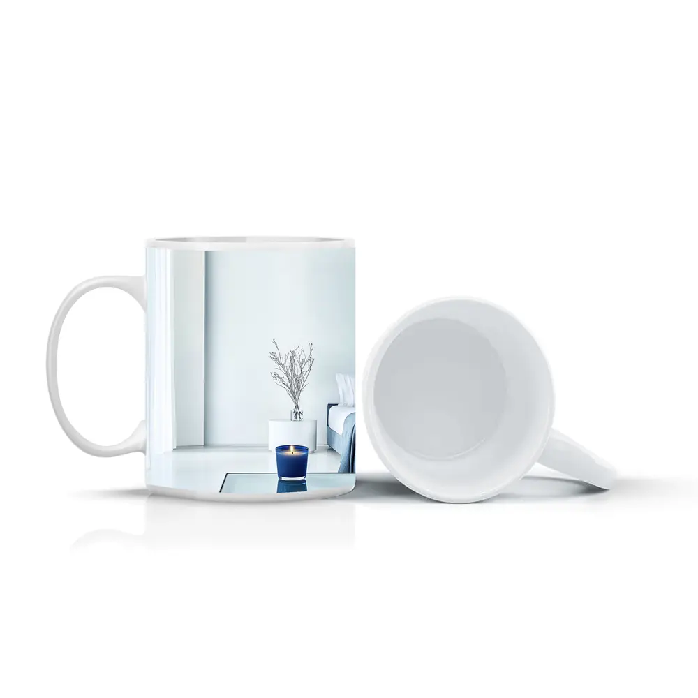 Blue Candle Glowing in Minimalist White Room – Mugs