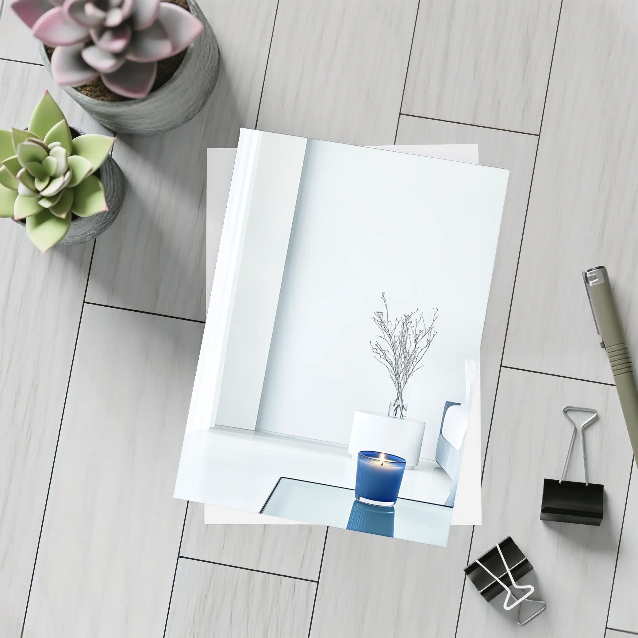 Blue Candle Glowing in Minimalist White Room – Postcards