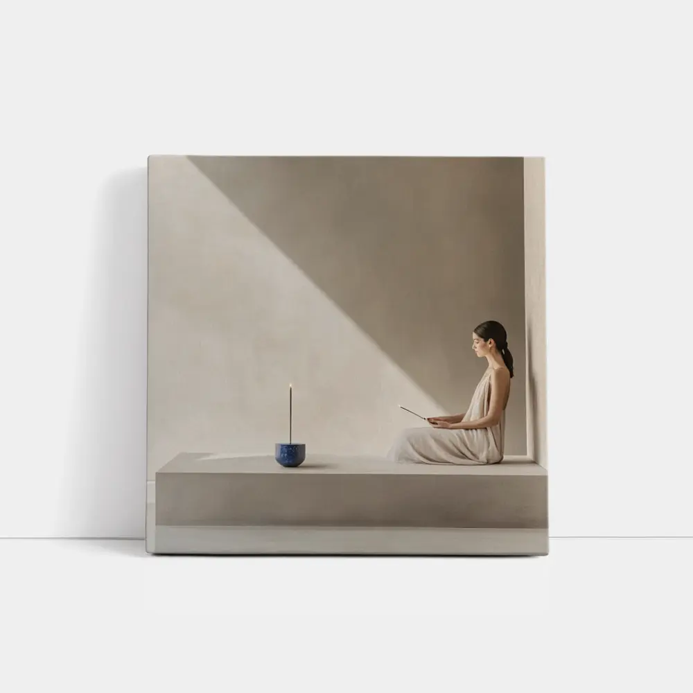Woman Meditating With Incense Minimalist Interior – Wall Art