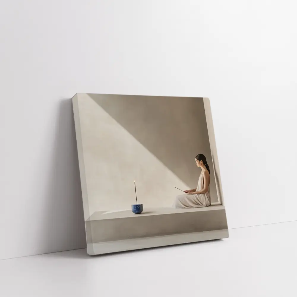 Woman Meditating With Incense Minimalist Interior – Wall Art