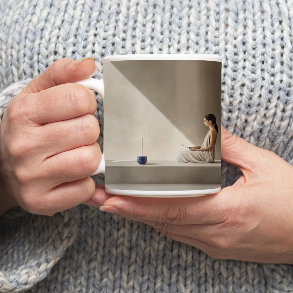 Woman Meditating With Incense Minimalist Interior – Mugs