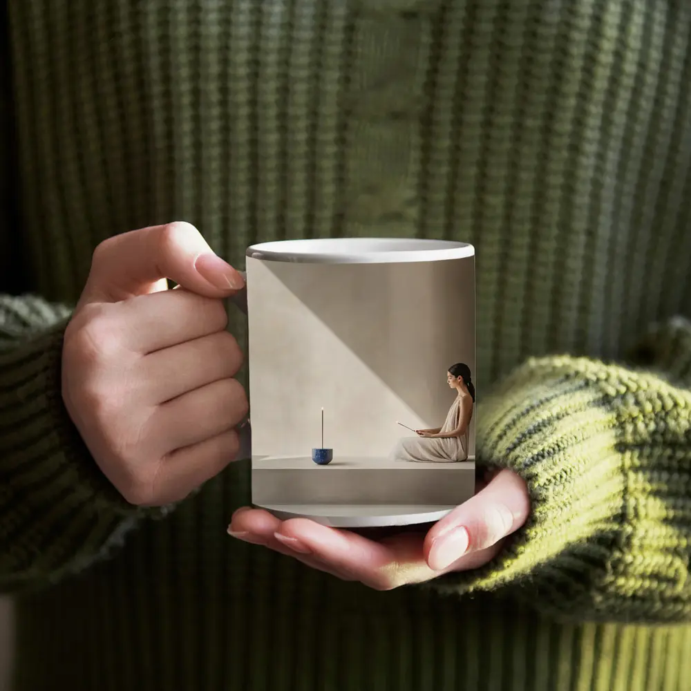 Woman Meditating With Incense Minimalist Interior – Mugs