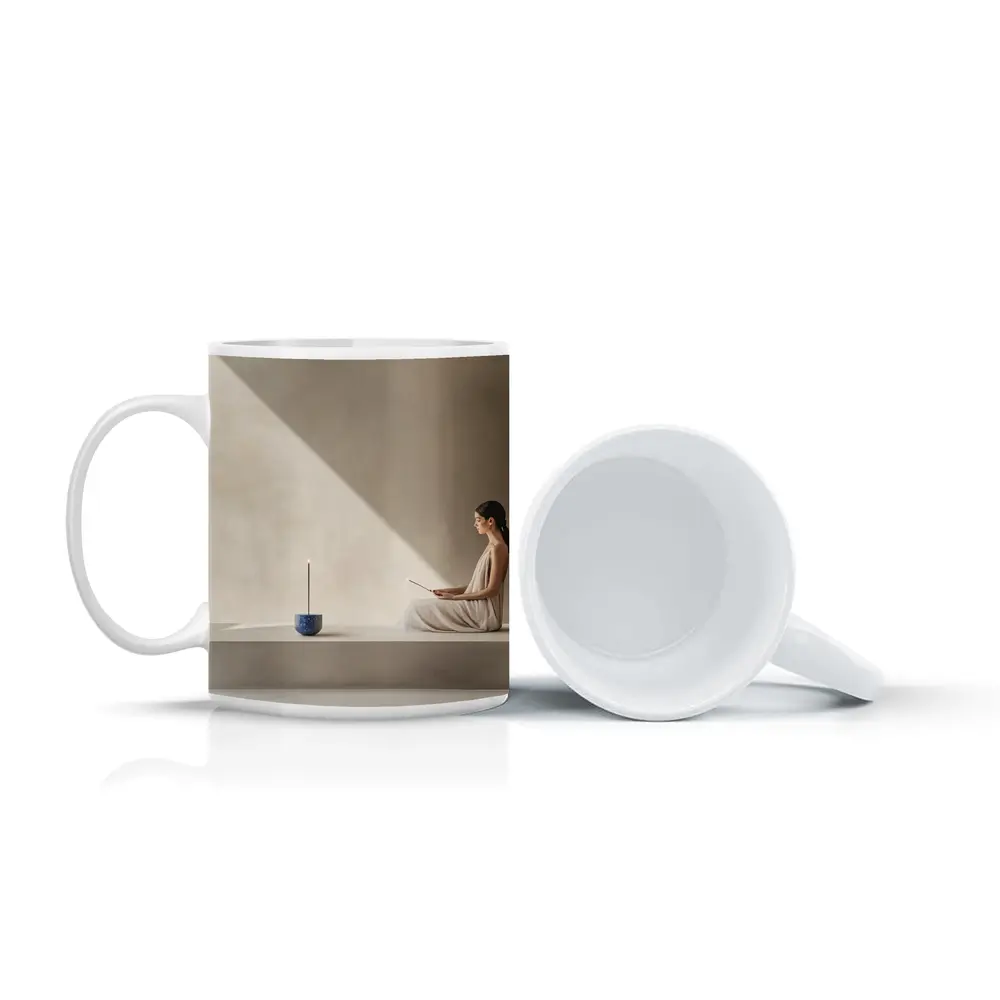 Woman Meditating With Incense Minimalist Interior – Mugs