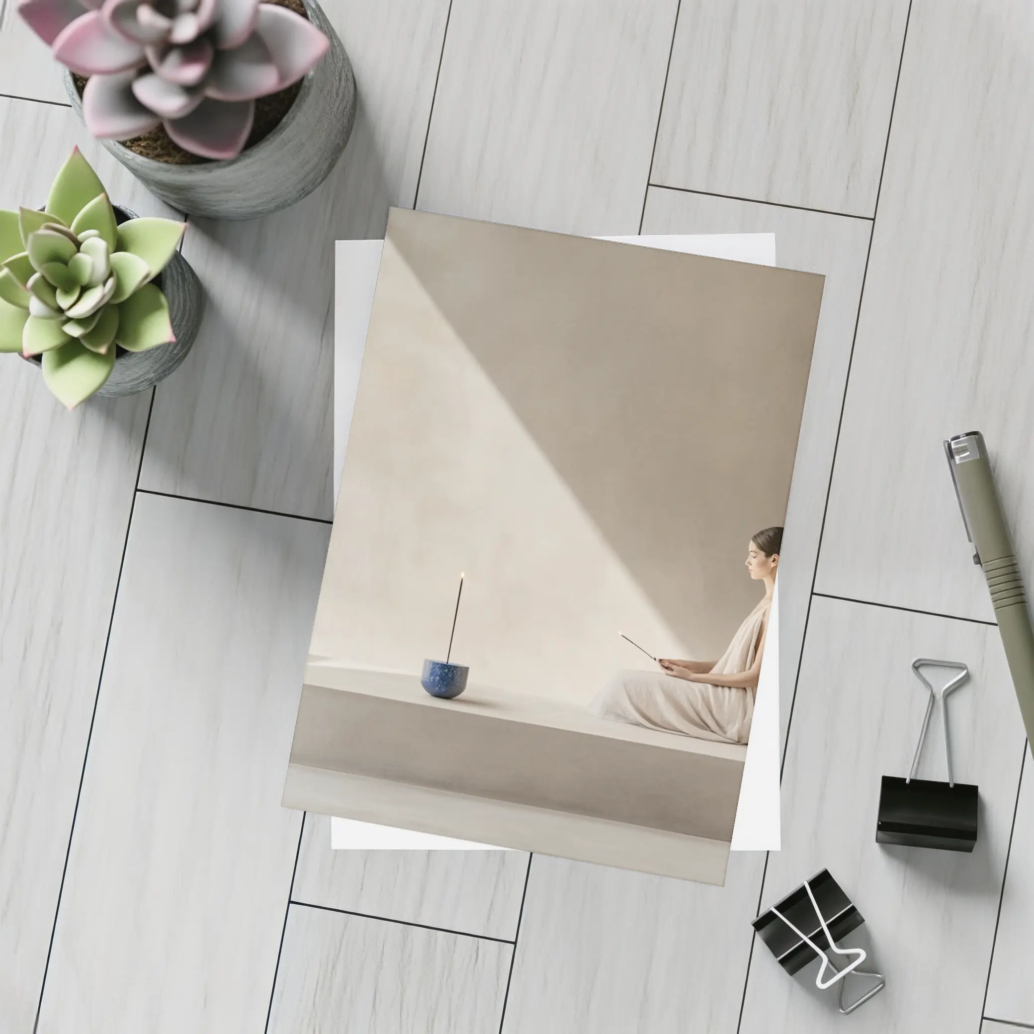 Woman Meditating With Incense Minimalist Interior – Postcards