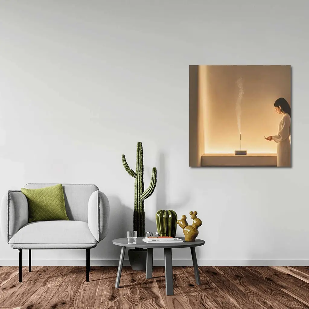 Woman With Incense Stick Warm Minimal Interior – Wall Art