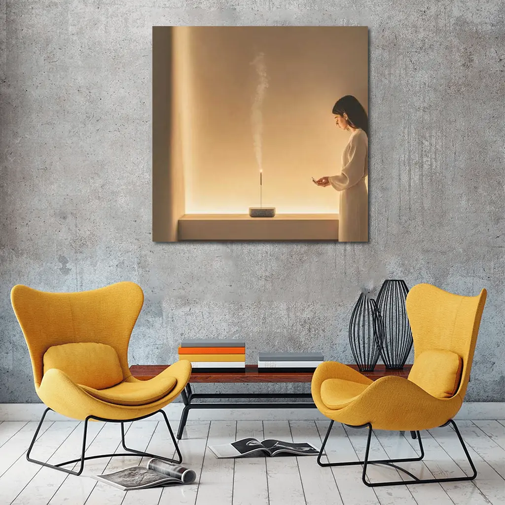 Woman With Incense Stick Warm Minimal Interior – Wall Art
