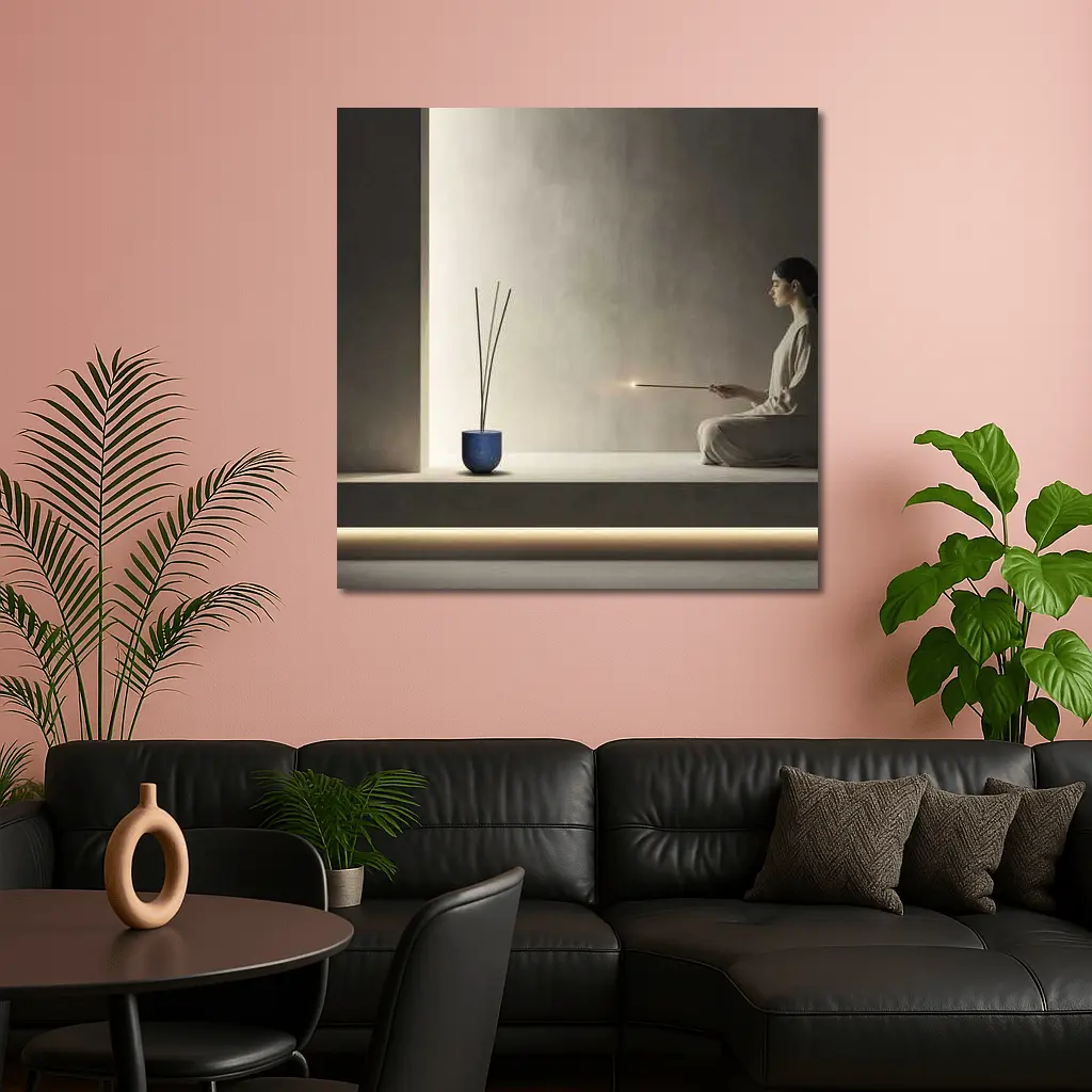 Woman Meditating With Incense Minimal Interior – Wall Art