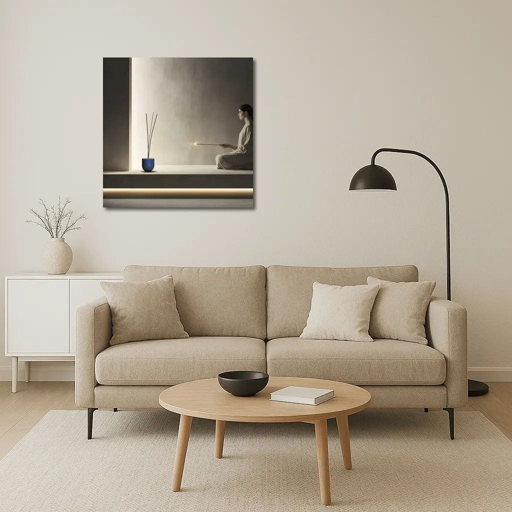 Woman Meditating With Incense Minimal Interior – Wall Art