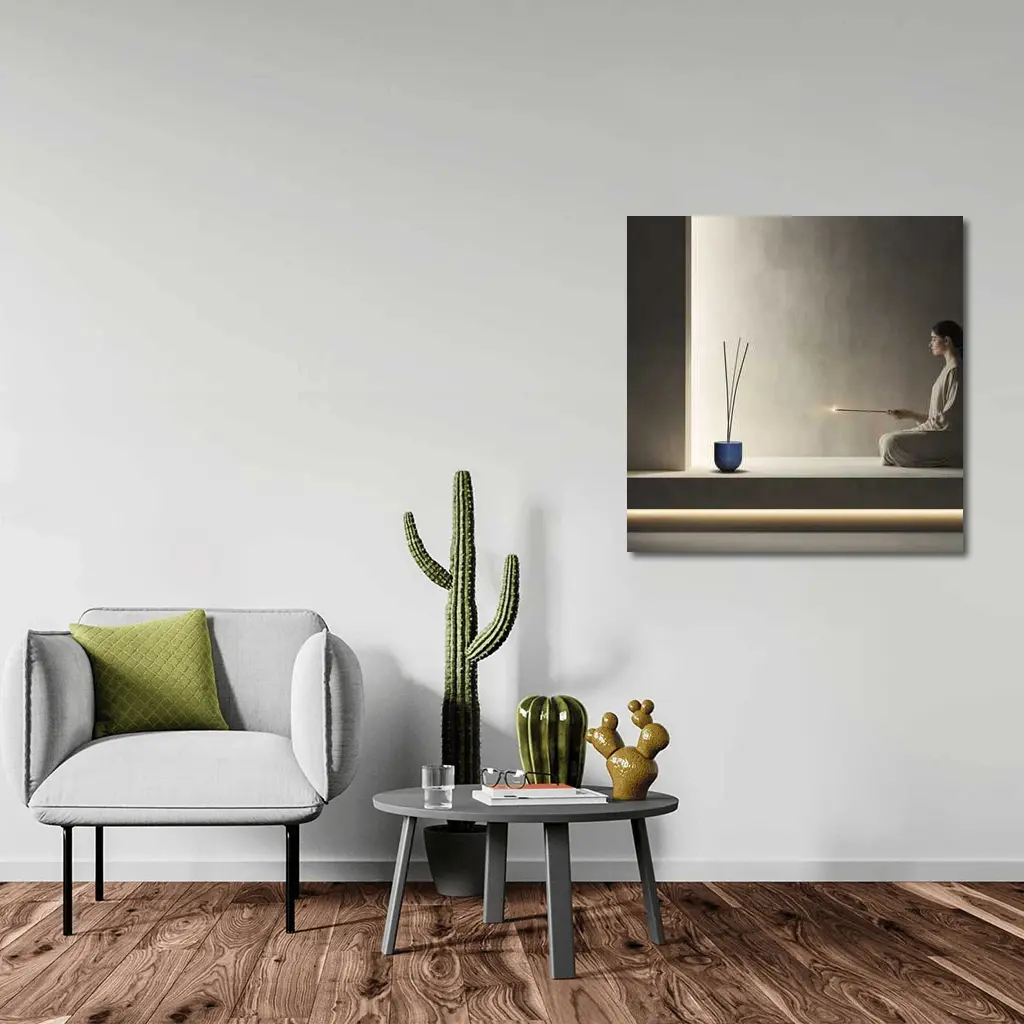 Woman Meditating With Incense Minimal Interior – Wall Art
