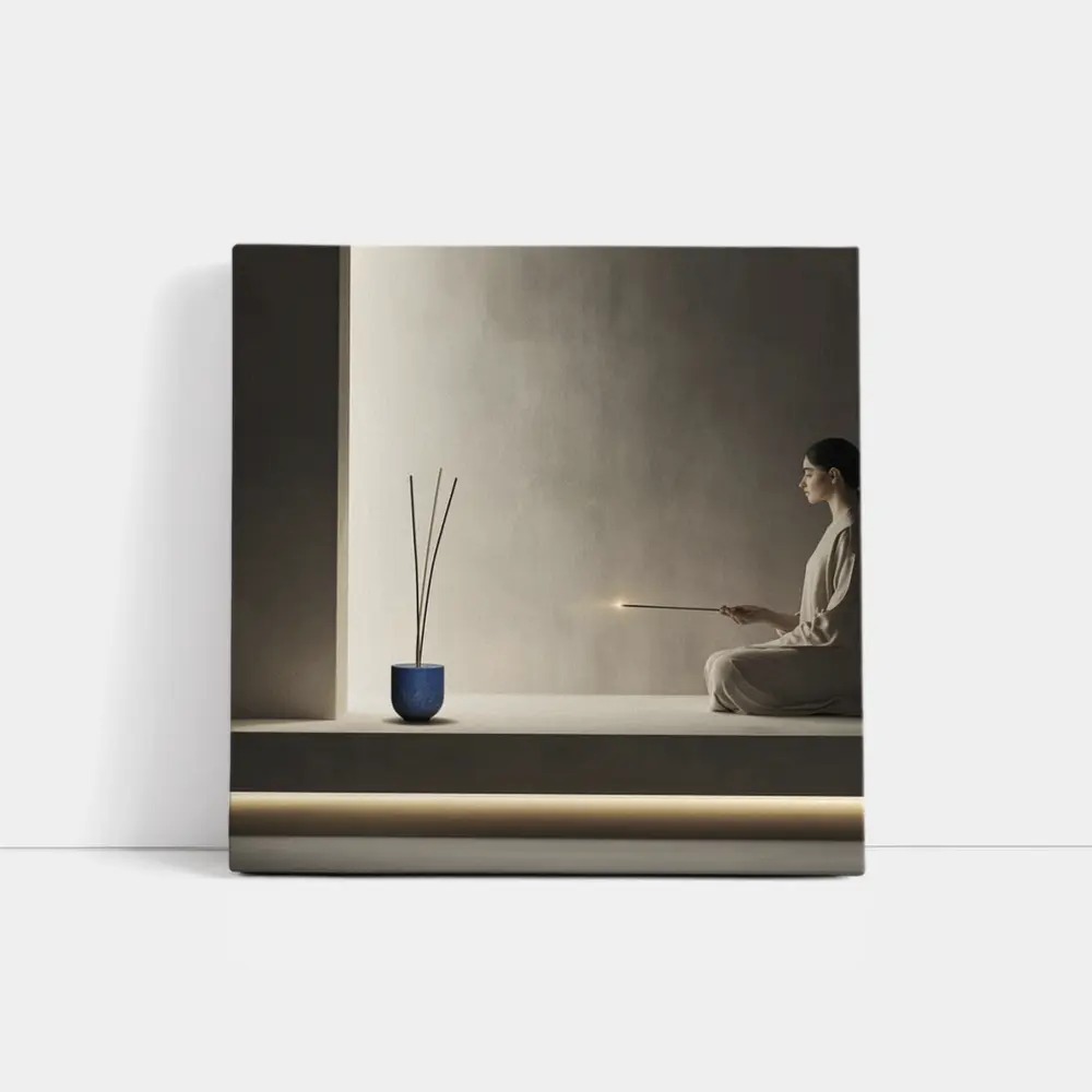 Woman Meditating With Incense Minimal Interior – Wall Art