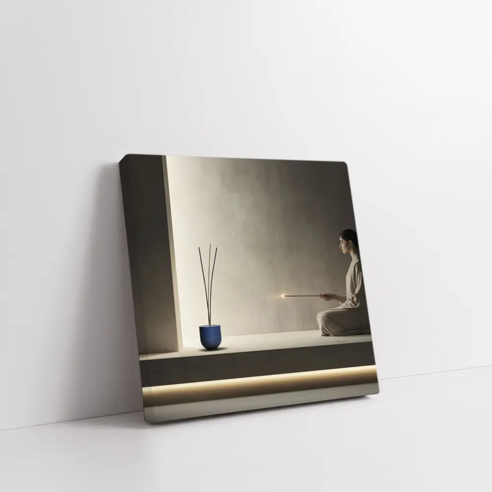 Woman Meditating With Incense Minimal Interior – Wall Art