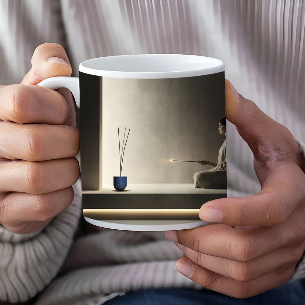 Woman Meditating With Incense Minimal Interior – Mugs