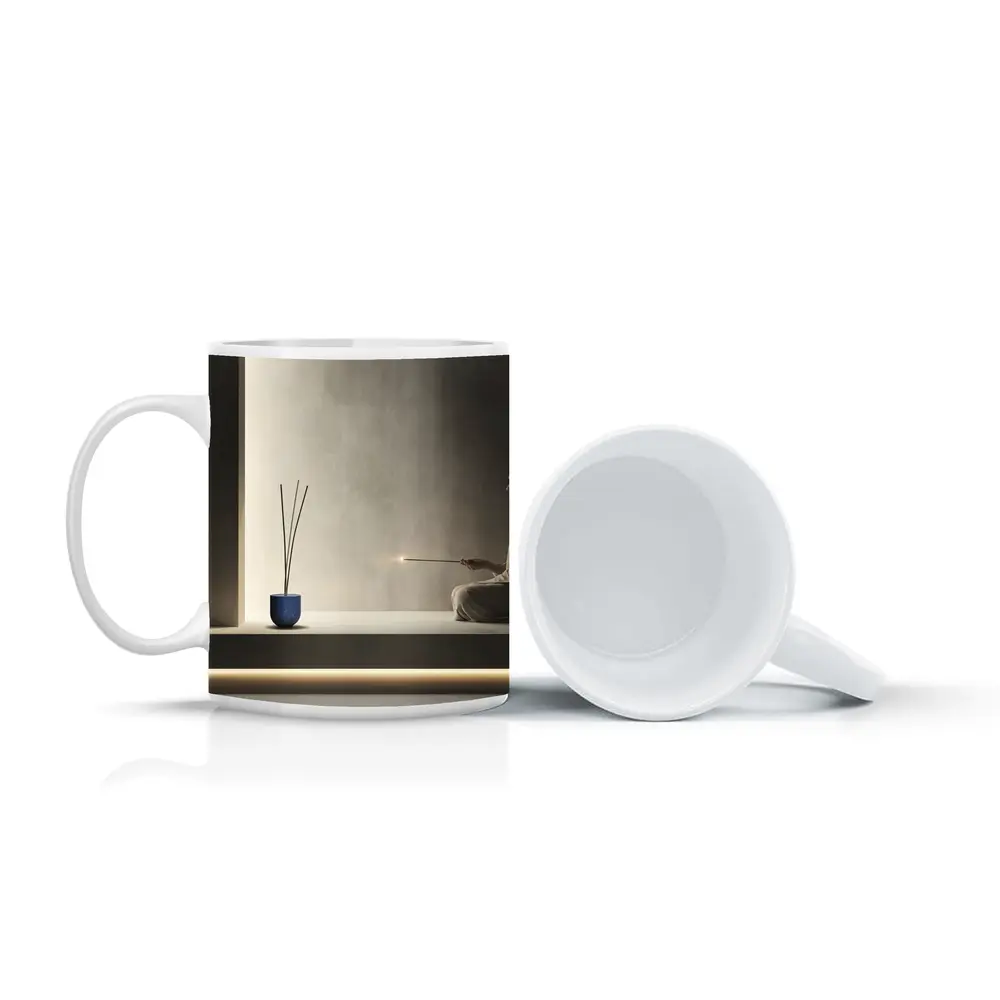 Woman Meditating With Incense Minimal Interior – Mugs