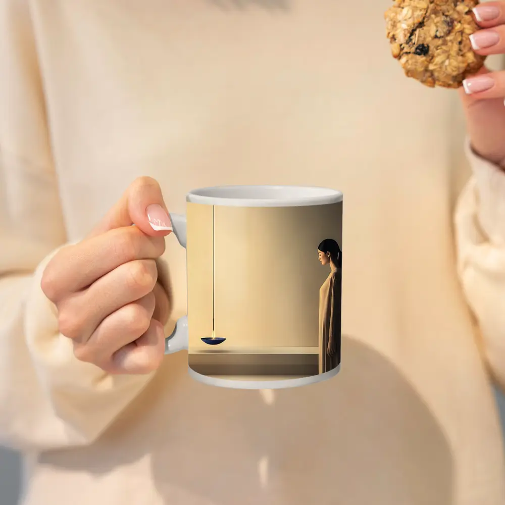 Serene Woman Standing by Floating Candle – Mugs