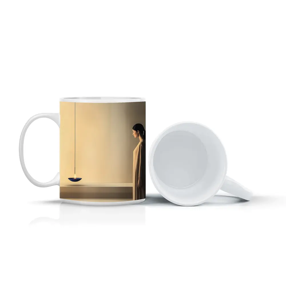 Serene Woman Standing by Floating Candle – Mugs