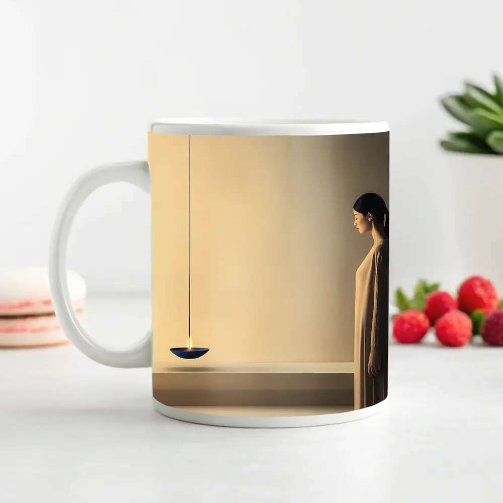Serene Woman Standing by Floating Candle – Mugs
