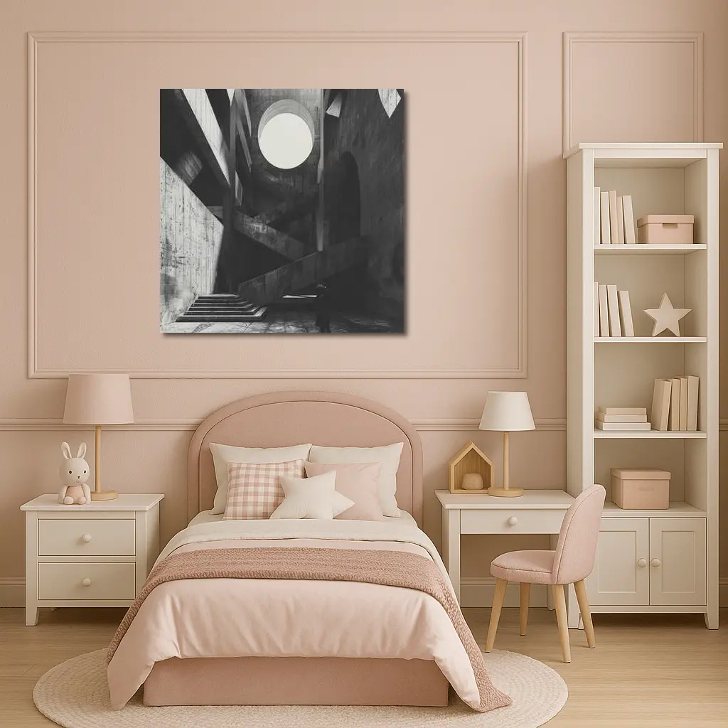 Brutalist Concrete Interior Lone Figure Staircase – Wall Art