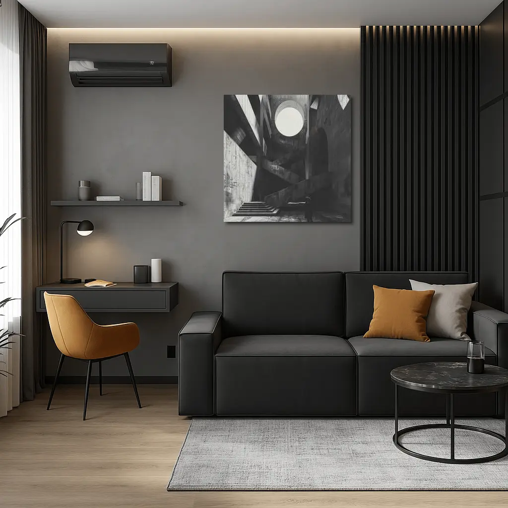Brutalist Concrete Interior Lone Figure Staircase – Wall Art