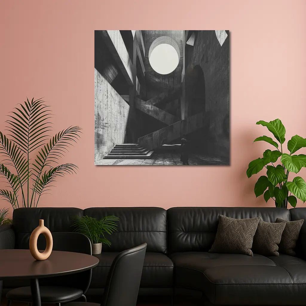 Brutalist Concrete Interior Lone Figure Staircase – Wall Art