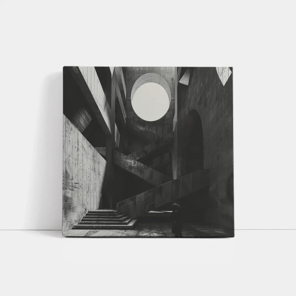 Brutalist Concrete Interior Lone Figure Staircase – Wall Art