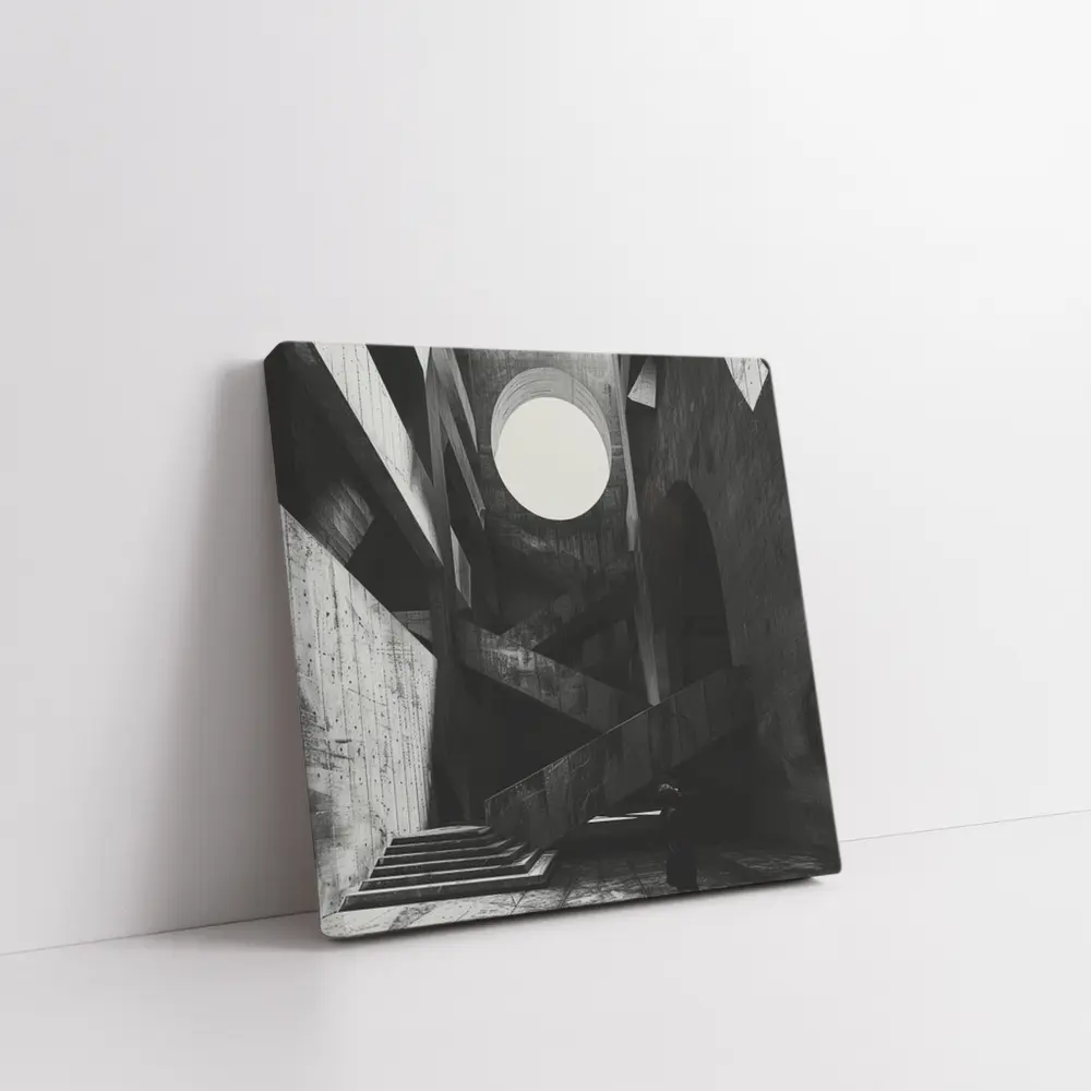 Brutalist Concrete Interior Lone Figure Staircase – Wall Art