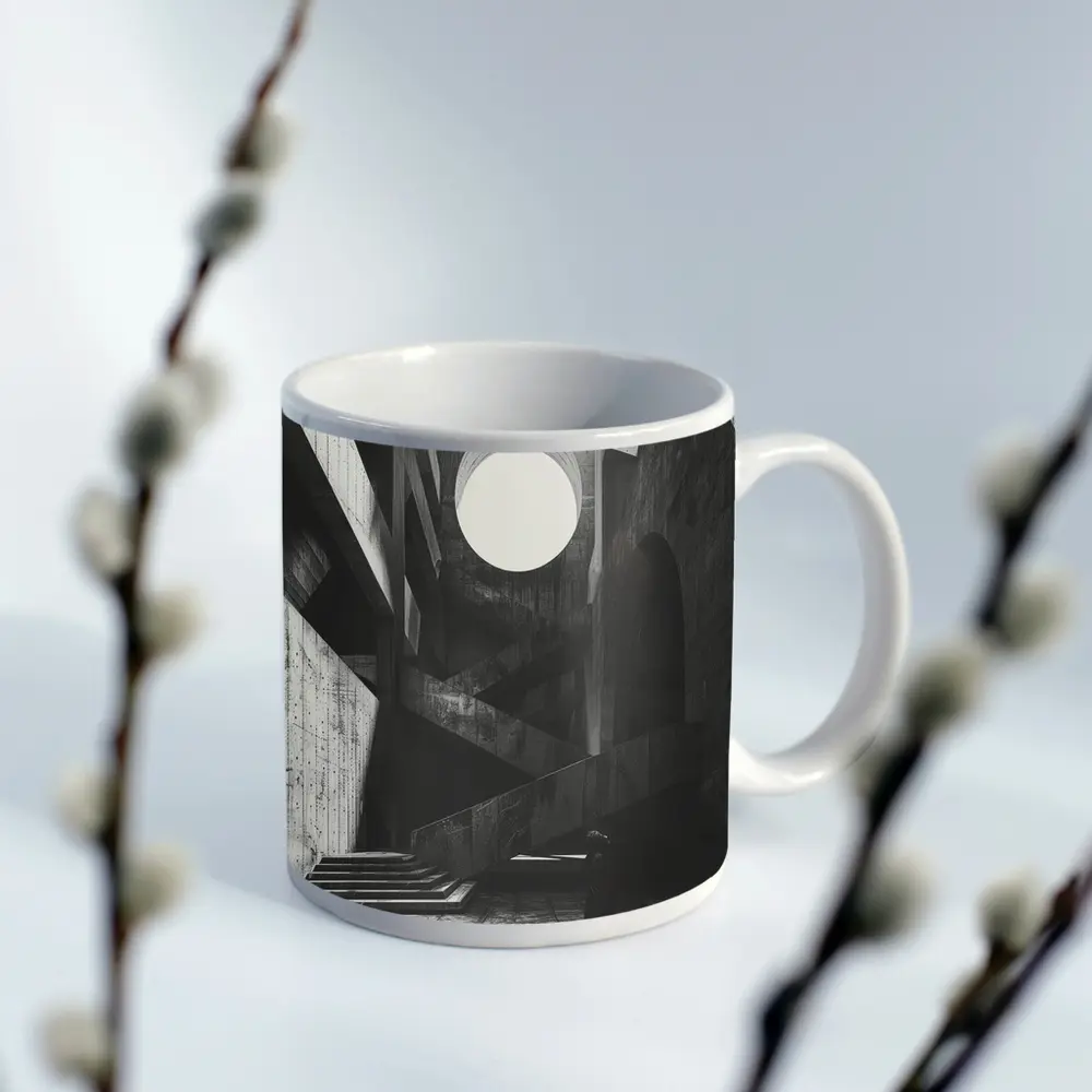 Brutalist Concrete Interior Lone Figure Staircase – Mugs