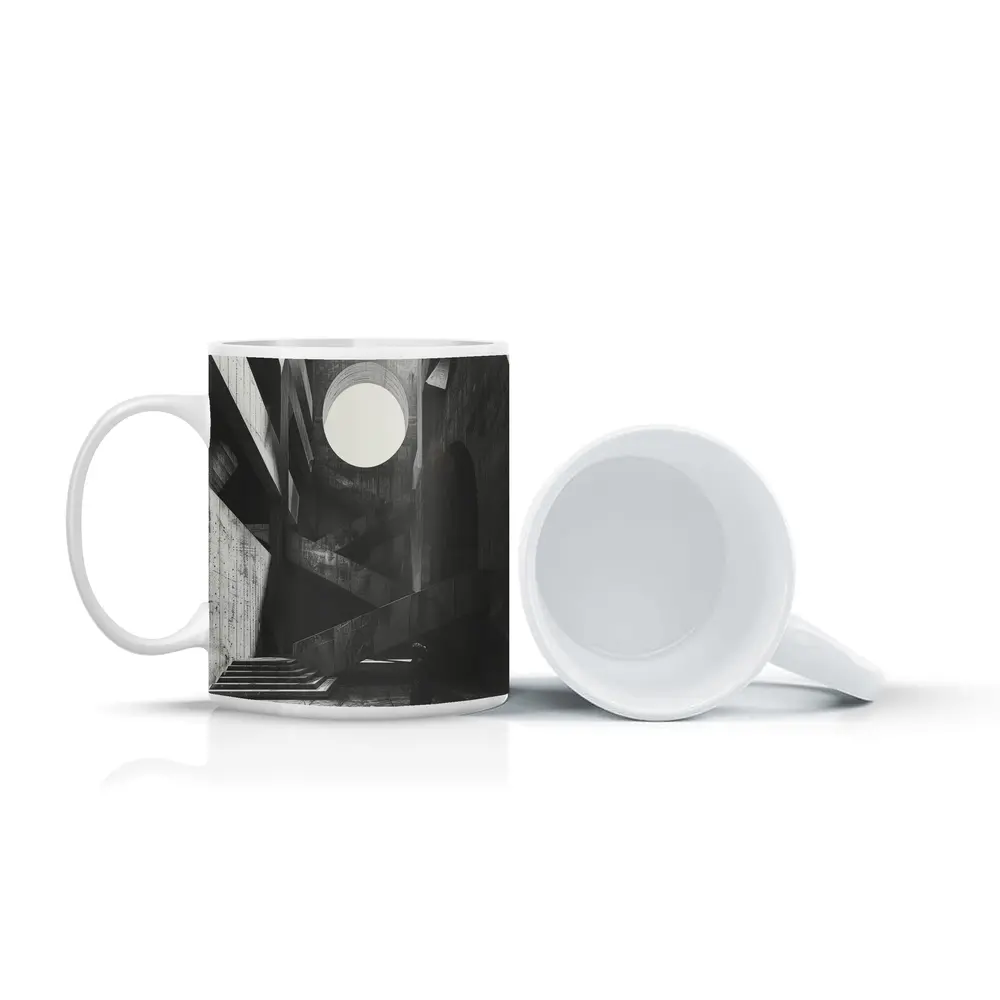 Brutalist Concrete Interior Lone Figure Staircase – Mugs