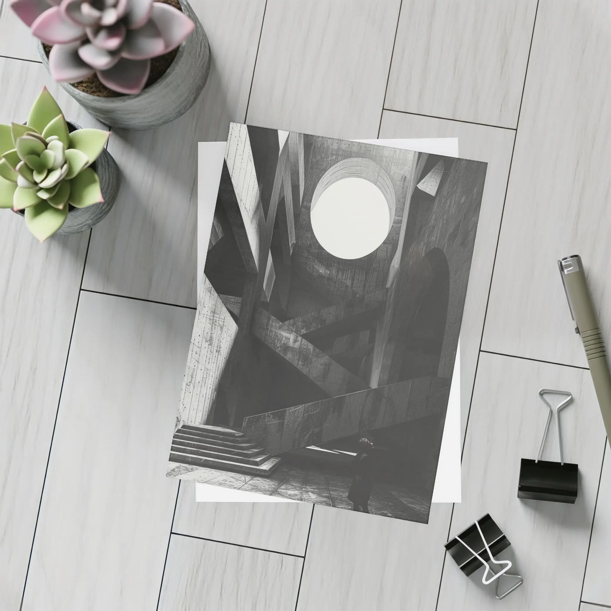 Brutalist Concrete Interior Lone Figure Staircase – Postcards