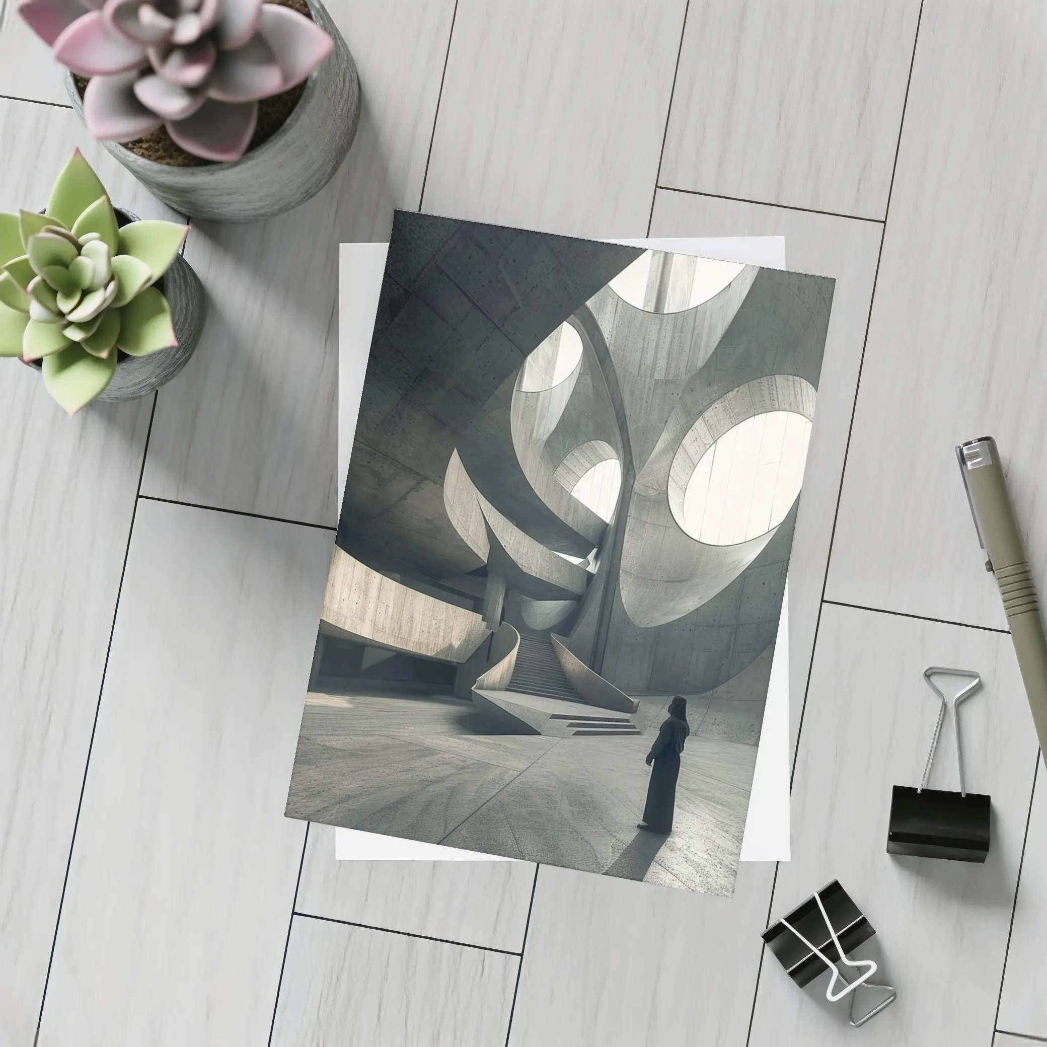 Brutalist Concrete Interior Curved Architecture Figure – Postcards