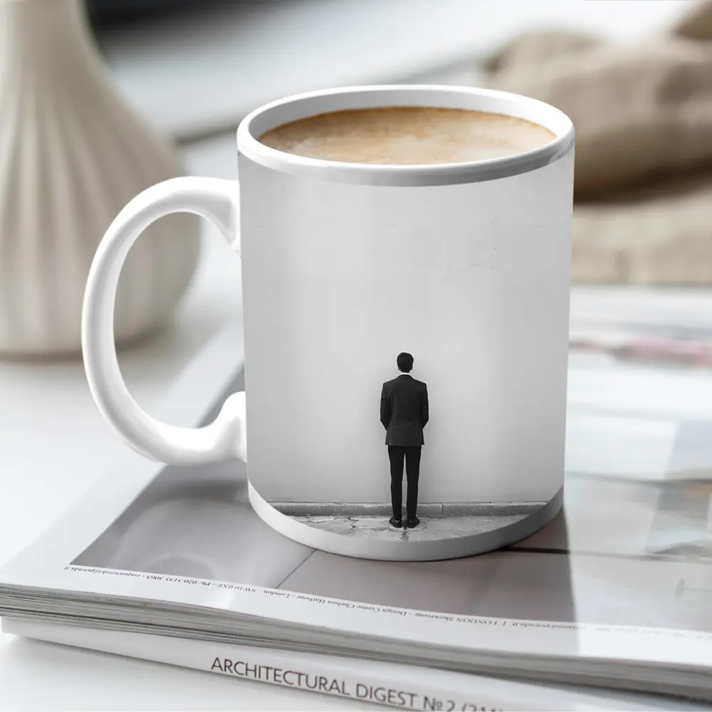 Man in Suit Standing Against White Wall – Mugs