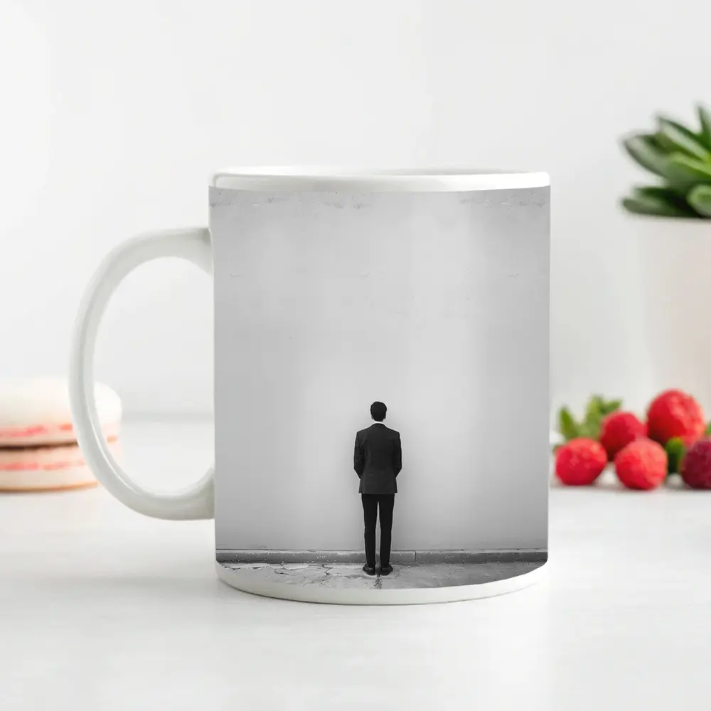 Man in Suit Standing Against White Wall – Mugs