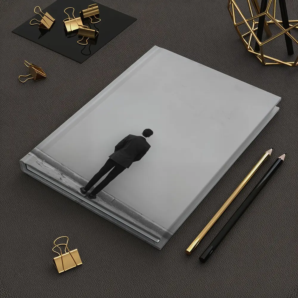 Man in Suit Standing Against White Wall – Notebooks