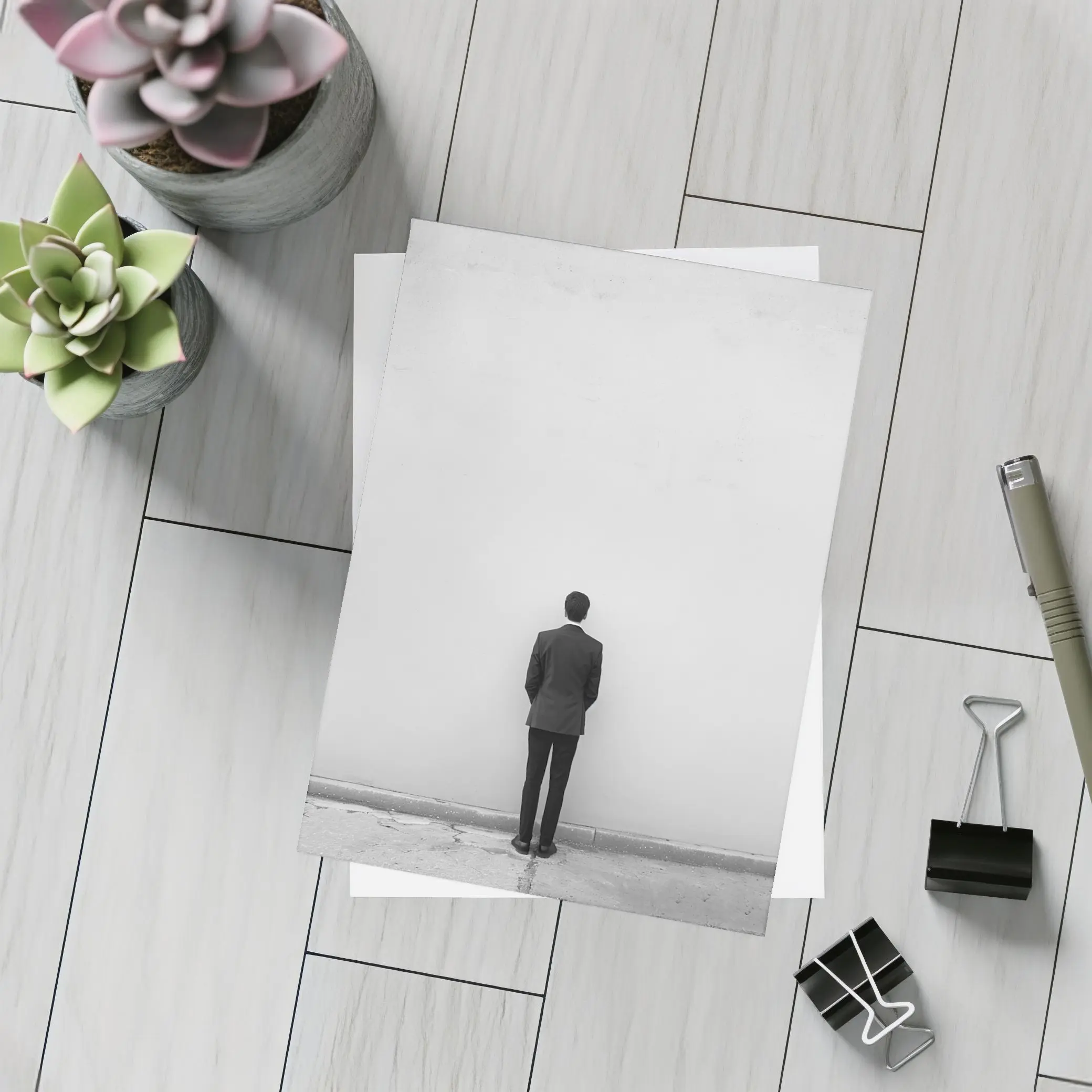 Man in Suit Standing Against White Wall – Postcards