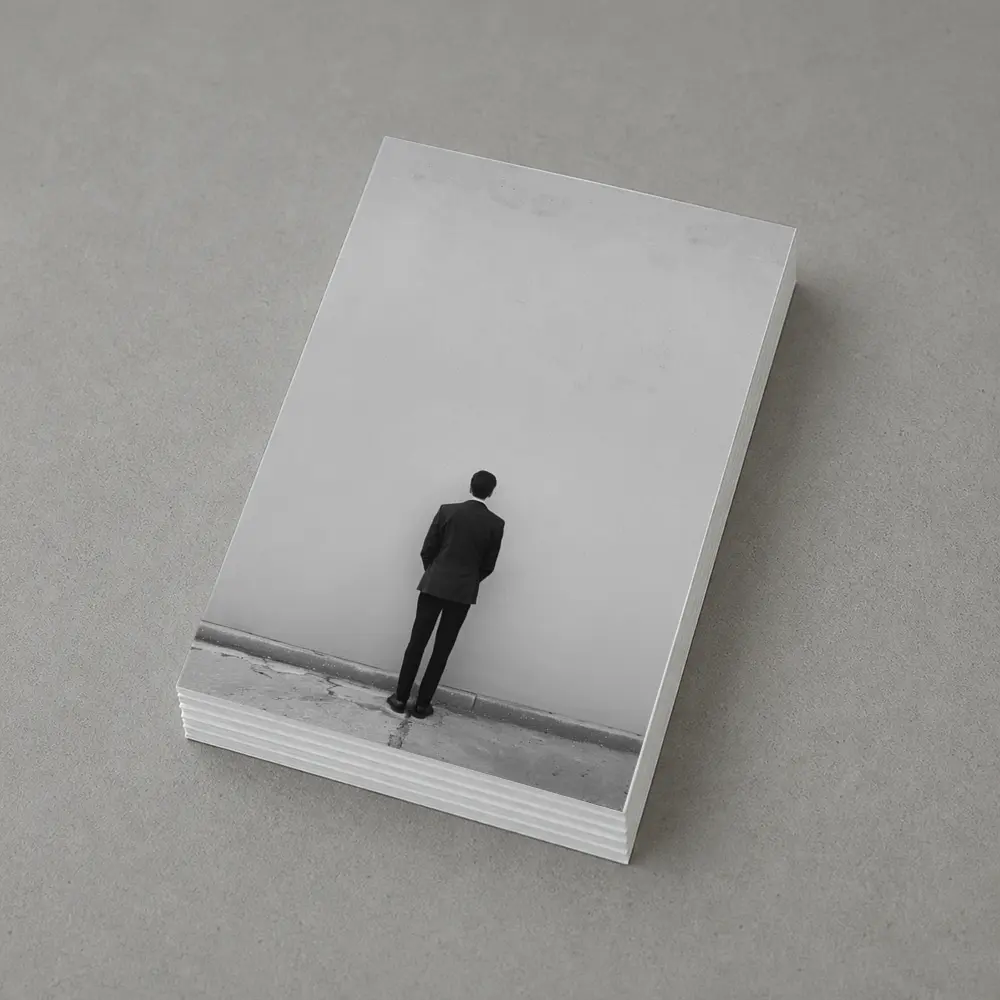 Man in Suit Standing Against White Wall – Postcards