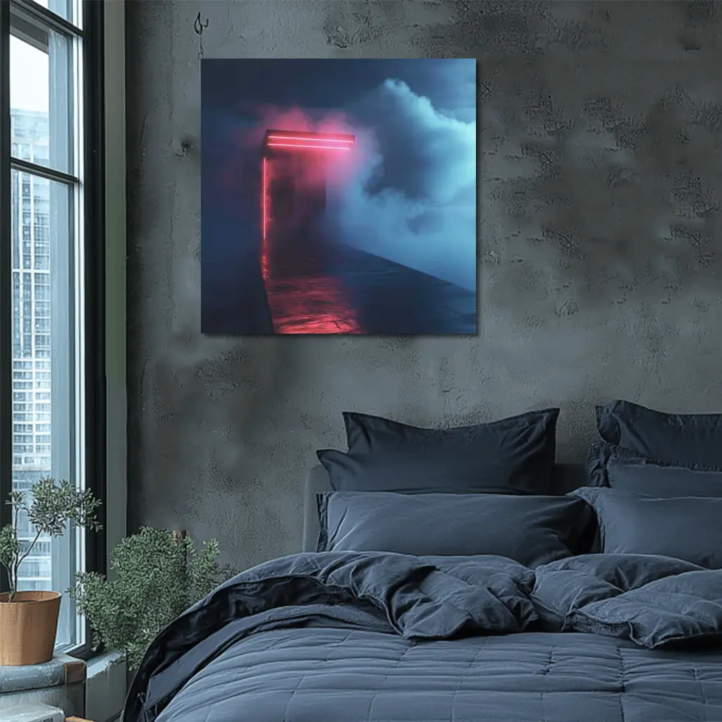 Neon Red Portal Glowing Through Dark Clouds – Wall Art