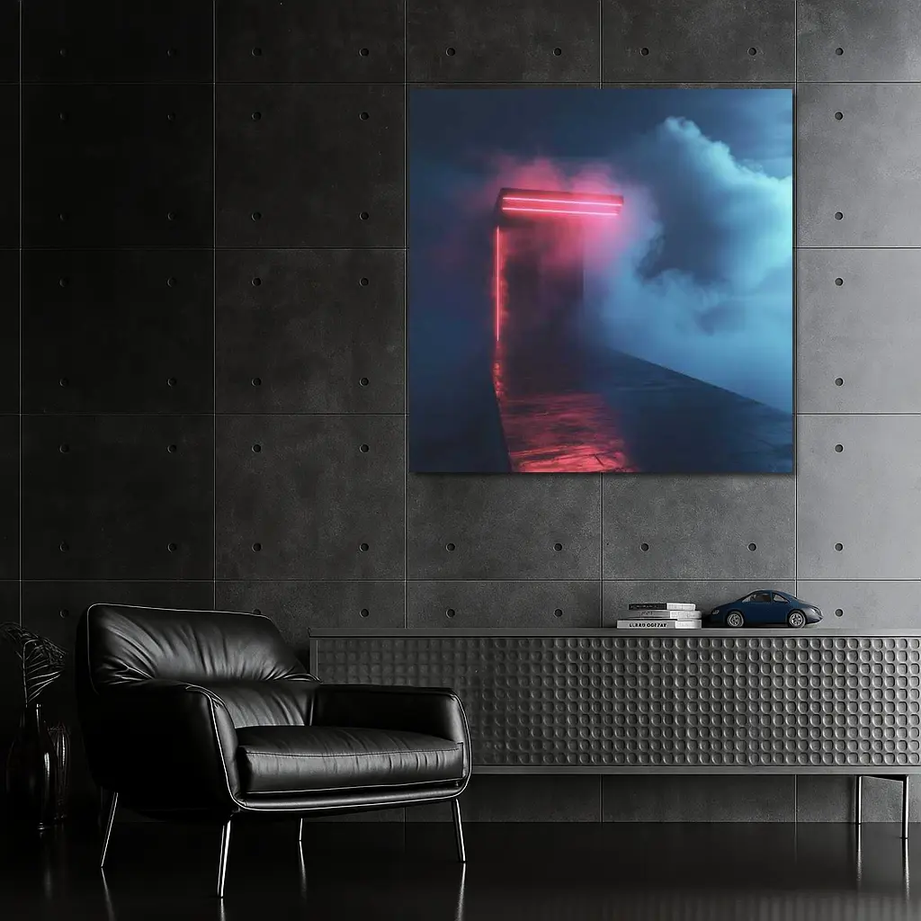 Neon Red Portal Glowing Through Dark Clouds – Wall Art