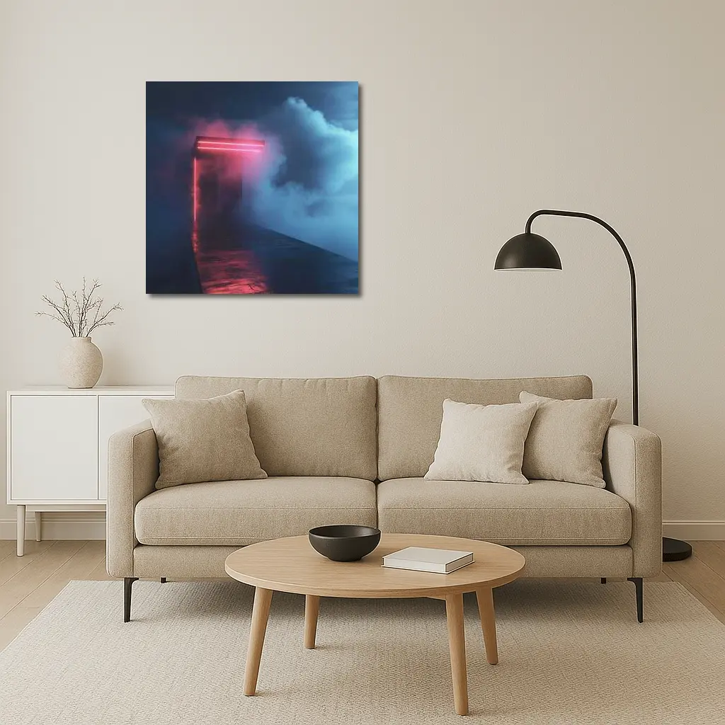 Neon Red Portal Glowing Through Dark Clouds – Wall Art