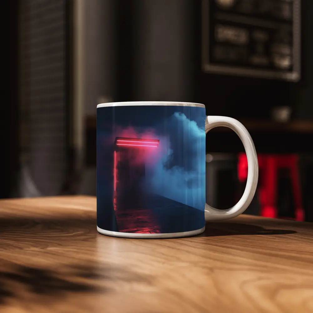 Neon Red Portal Glowing Through Dark Clouds – Mugs