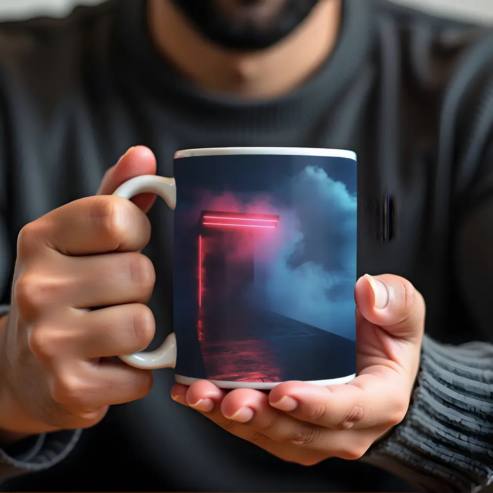 Neon Red Portal Glowing Through Dark Clouds – Mugs