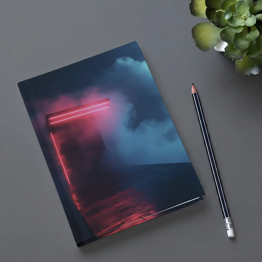 Neon Red Portal Glowing Through Dark Clouds – Notebooks