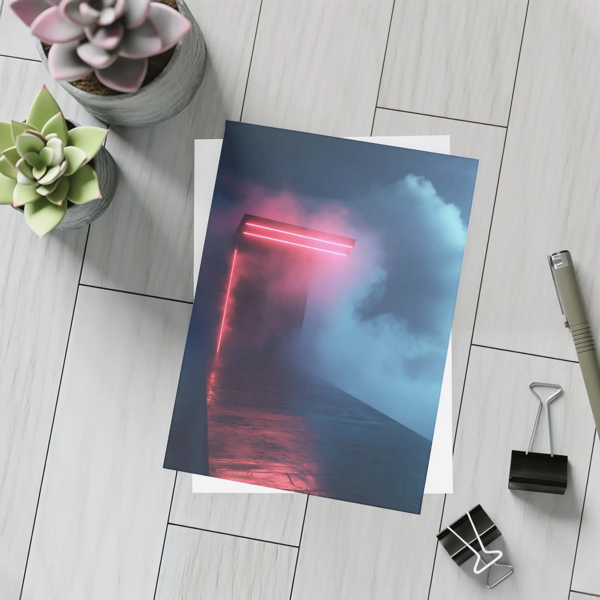 Neon Red Portal Glowing Through Dark Clouds – Postcards