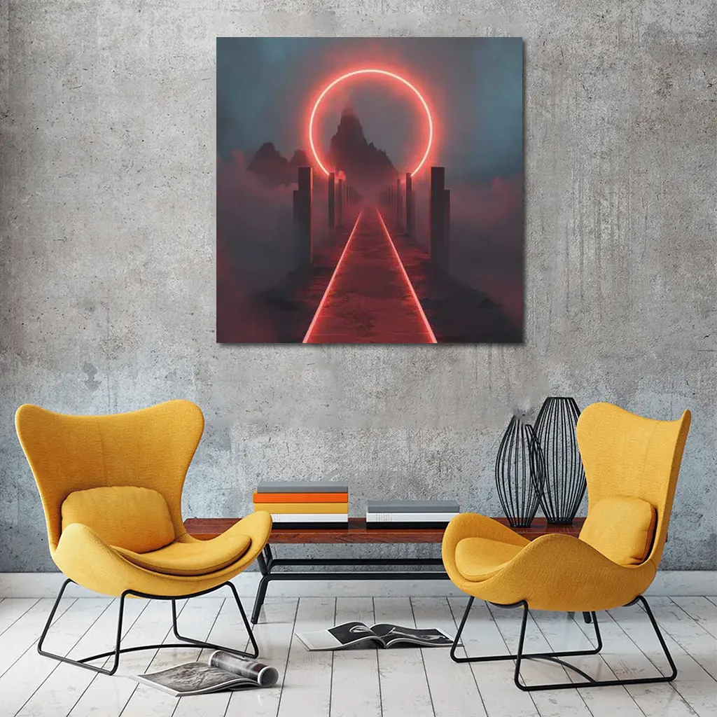 Red Neon Circle Portal Misty Mountain Path – Wall Art