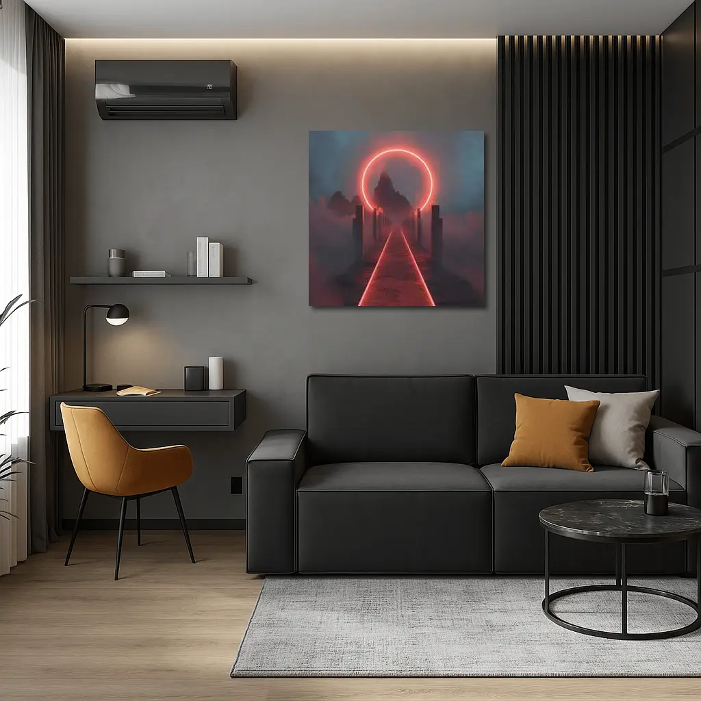 Red Neon Circle Portal Misty Mountain Path – Wall Art